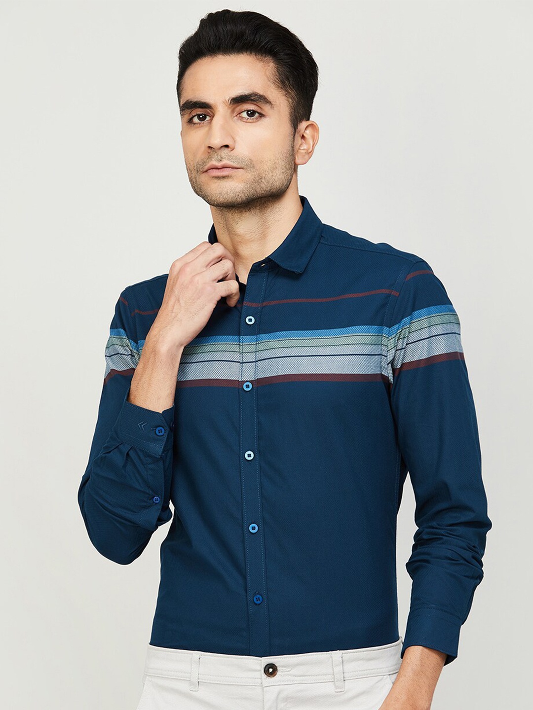 

CODE by Lifestyle Horizontal Striped Opaque Cotton Casual Shirt, Blue