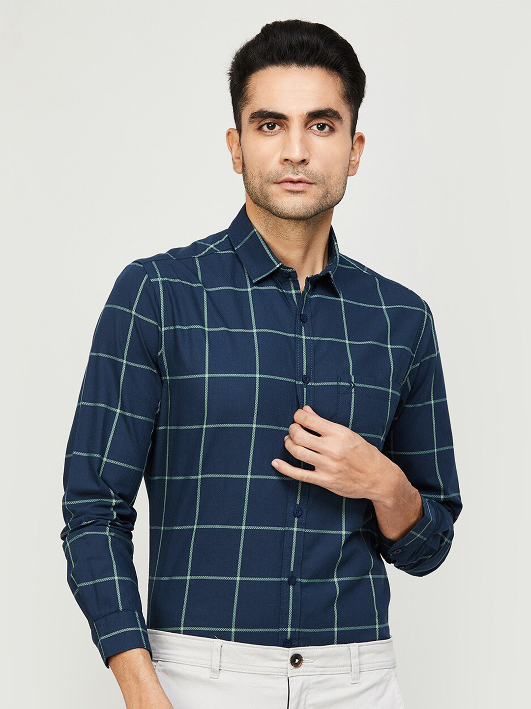 

CODE by Lifestyle Windowpane Checked Opaque Cotton Casual Shirt, Navy blue