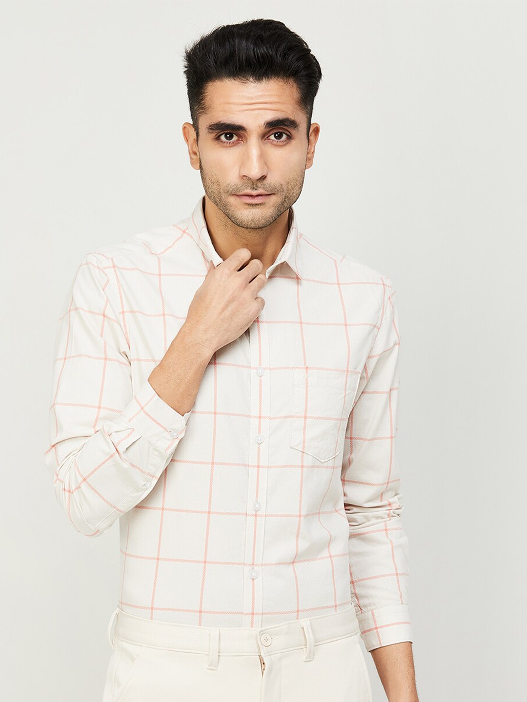 

CODE by Lifestyle Windowpane Checked Opaque Cotton Casual Shirt, White