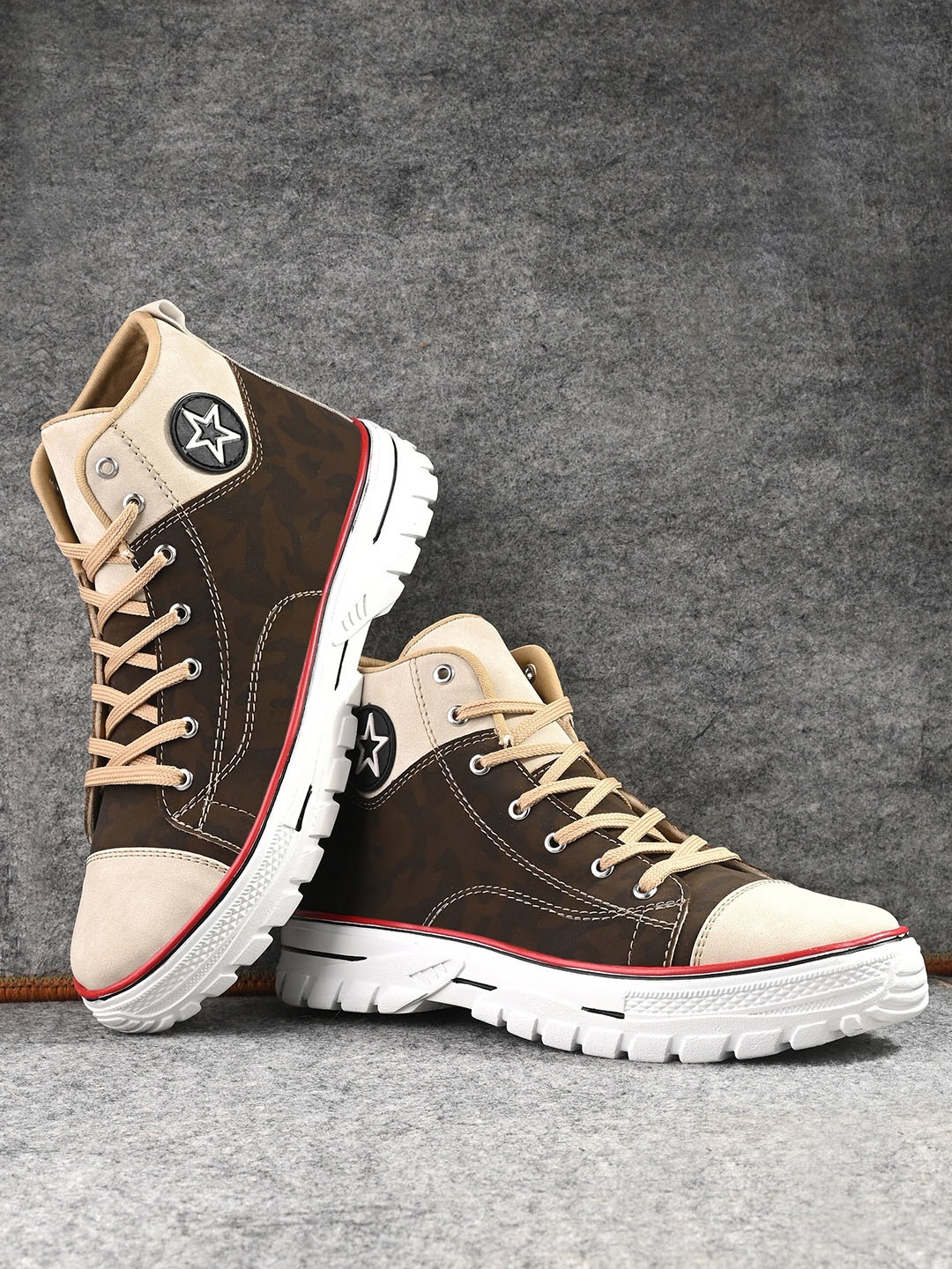 

BUCIK Men Mid Top Colourblocked Comfort Insole Contrast Sole Sneakers, Brown