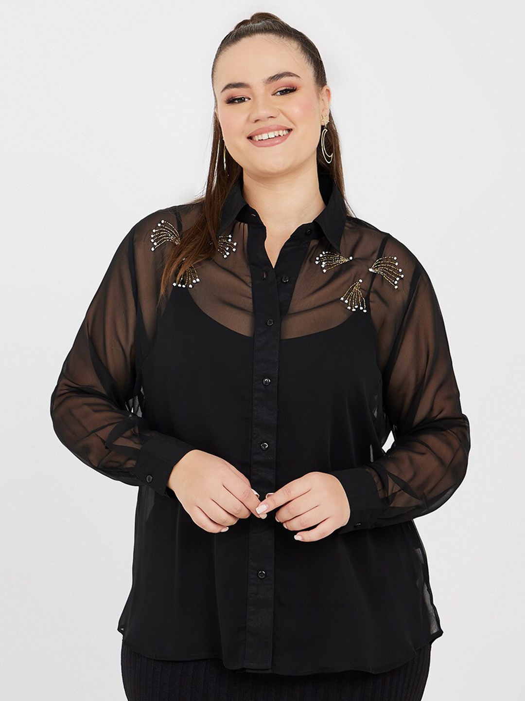 

Styli Plus Size Embellished Chiffon Sheer Shirt, Black