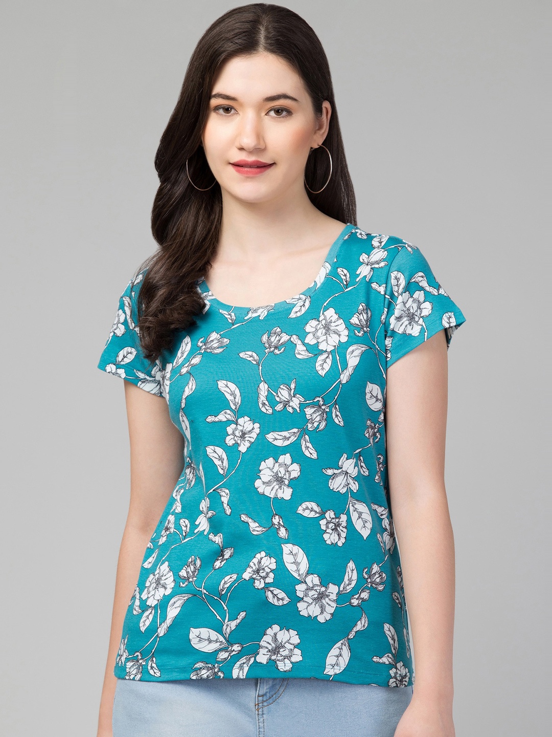 

Hive91 Floral Printed Cotton T-Shirt, Blue