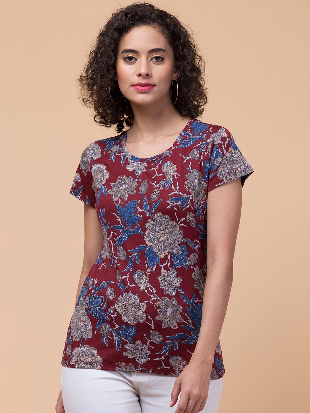 

Hive91 Floral Printed Round Neck Cotton T-shirt, Maroon