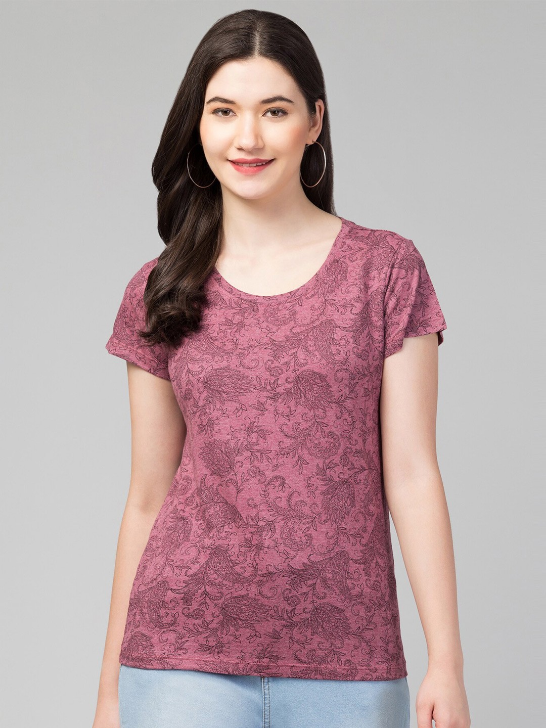 

Hive91 Floral Printed Round Neck Cotton T-shirt, Pink