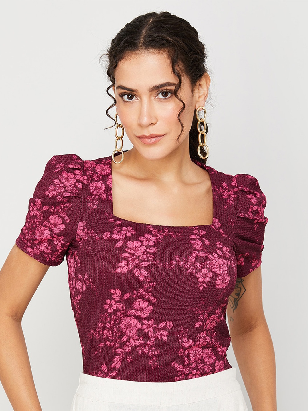 

CODE by Lifestyle Floral Printed Puff Sleeve Top, Purple