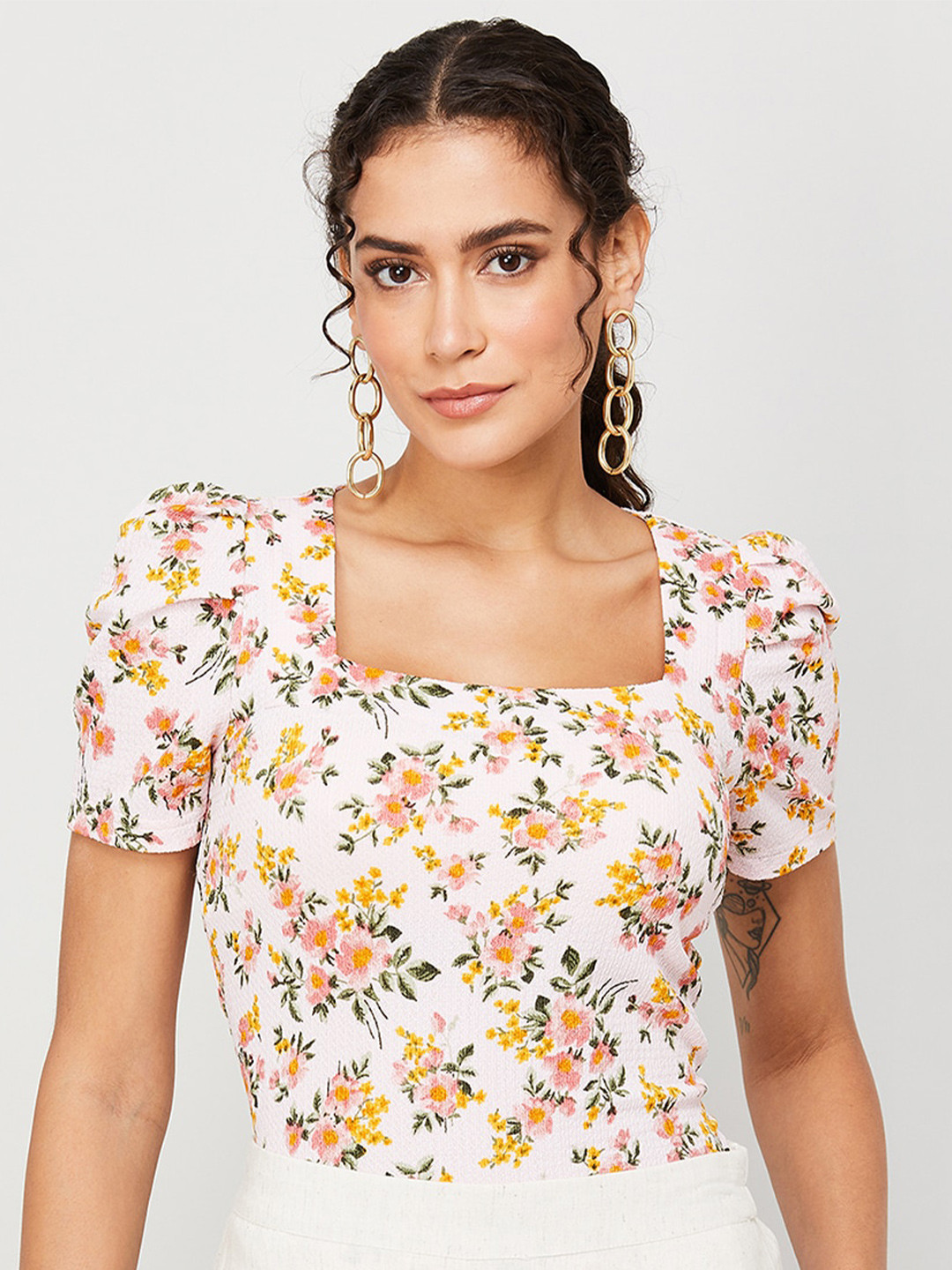 

CODE by Lifestyle Floral Print Puff Sleeve Top, Pink