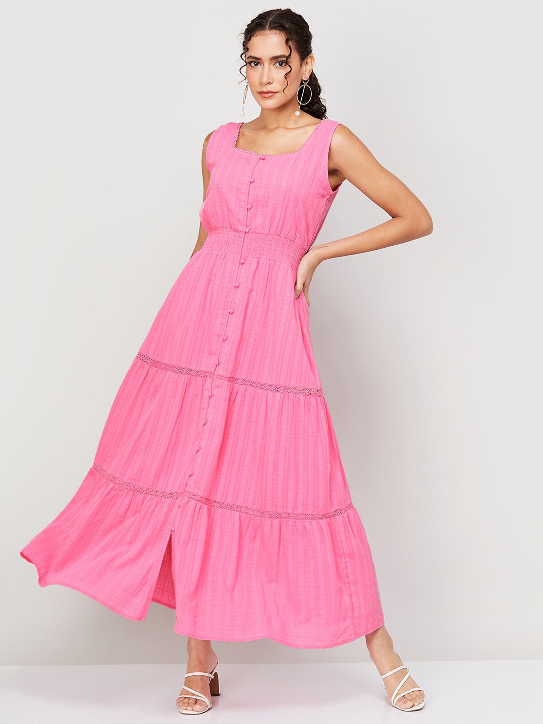 

CODE by Lifestyle Checked Smocked Pure Cotton Maxi Dress, Pink