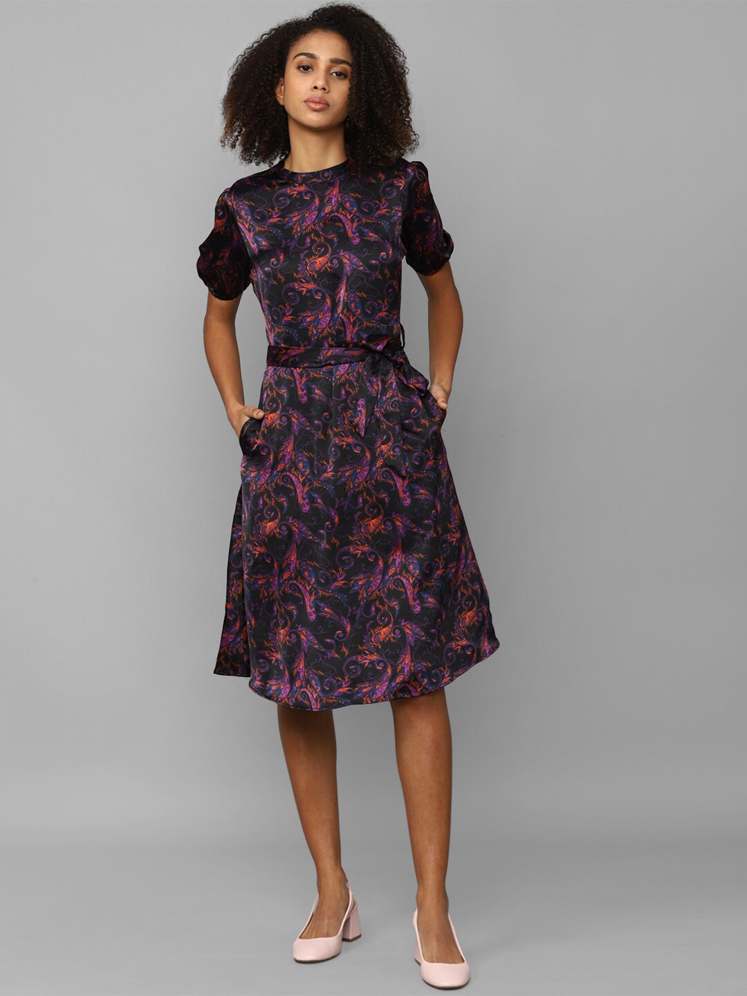 

Allen Solly Woman Ethnic Motifs Printed A-Line Dress, Black