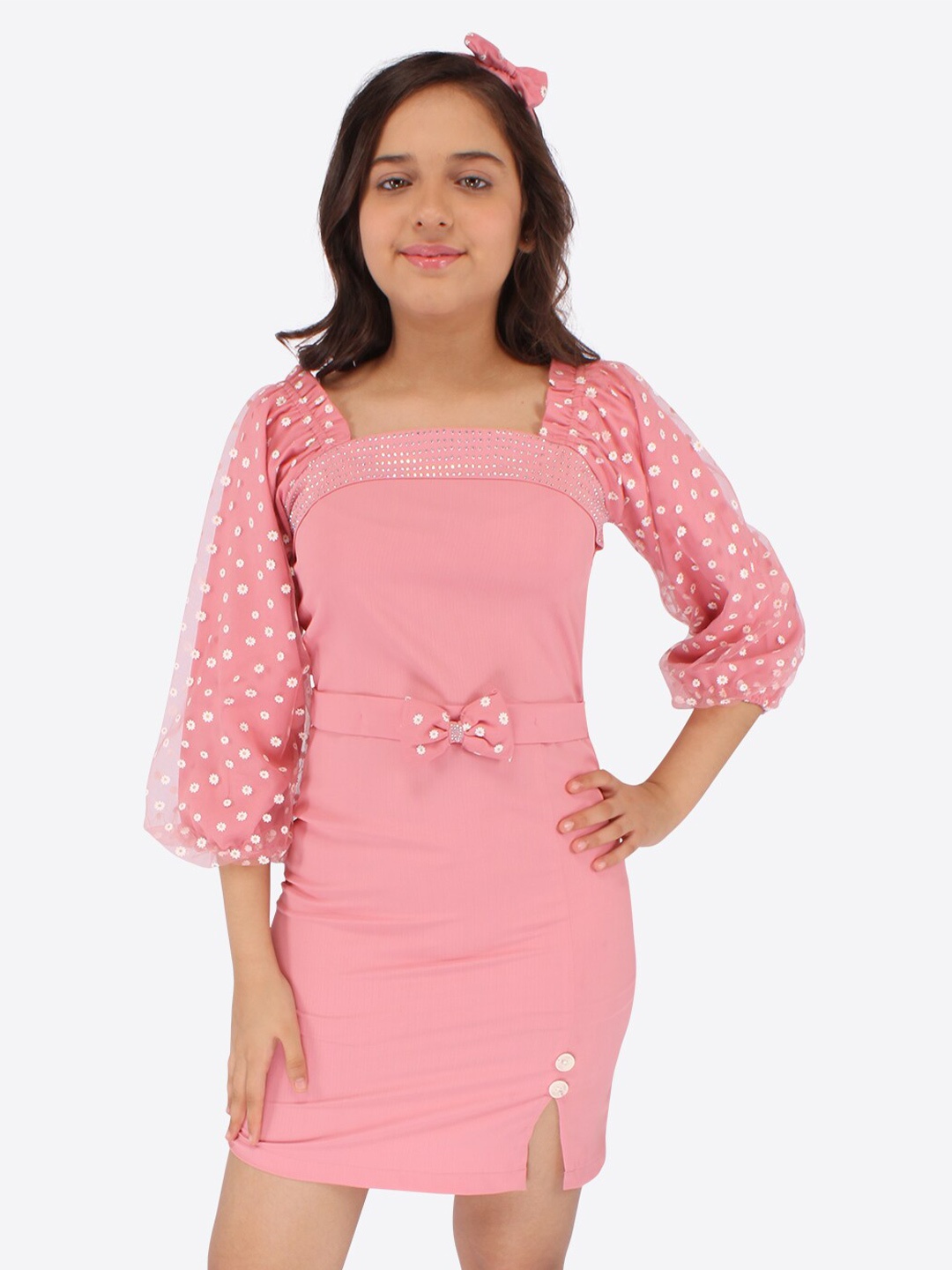 

CUTECUMBER Girls Floral Printed Puff Sleeve Georgette Sheath Dress, Pink