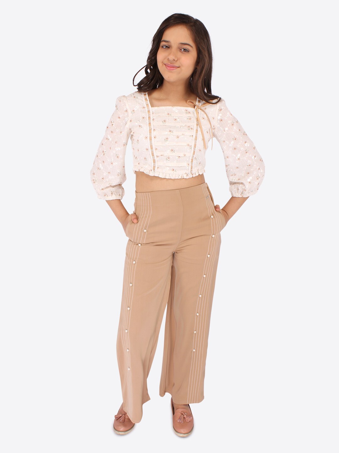 

CUTECUMBER Girls Printed Top With Trousers, Beige