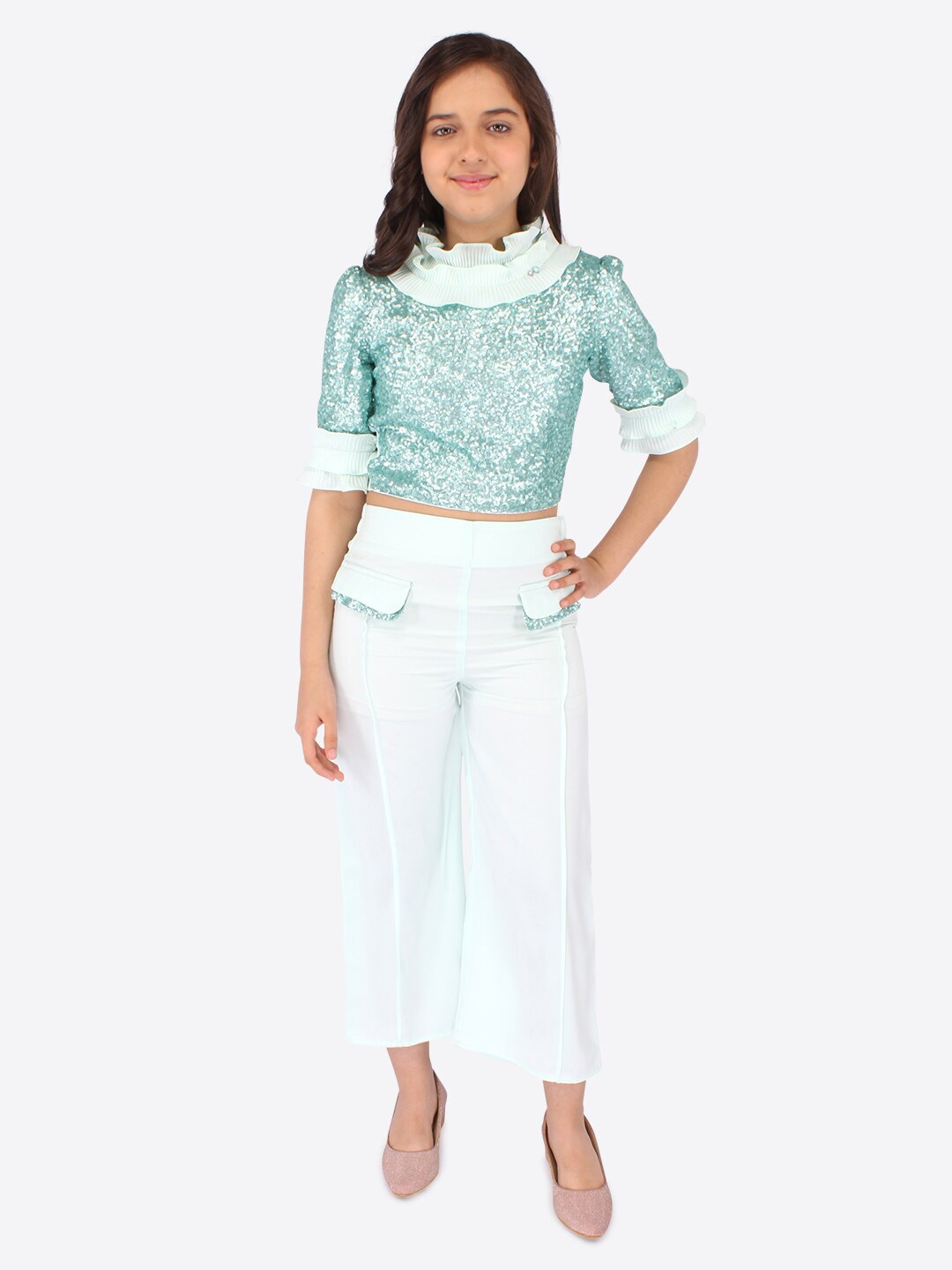 

CUTECUMBER Girls Embellished Top With Palazzos, Sea green