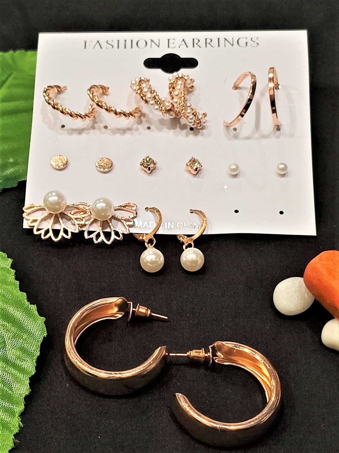

FEMMIBELLA Set Of 9 Rose Gold-Plated Hoop & Stud Earrings