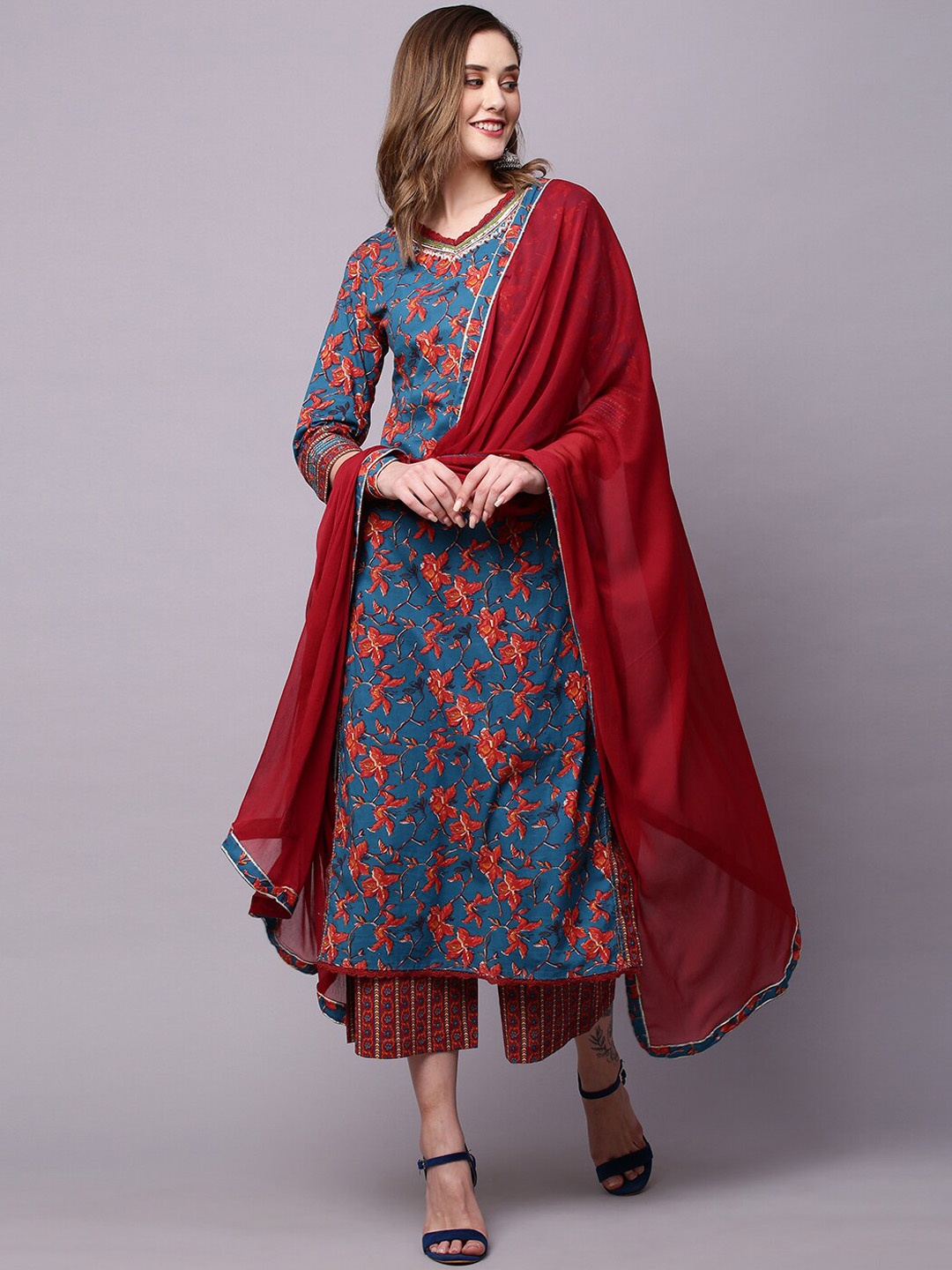 

INDYES Floral Printed Straight Pure Cotton Kurta & Palazzos With Dupatta, Navy blue