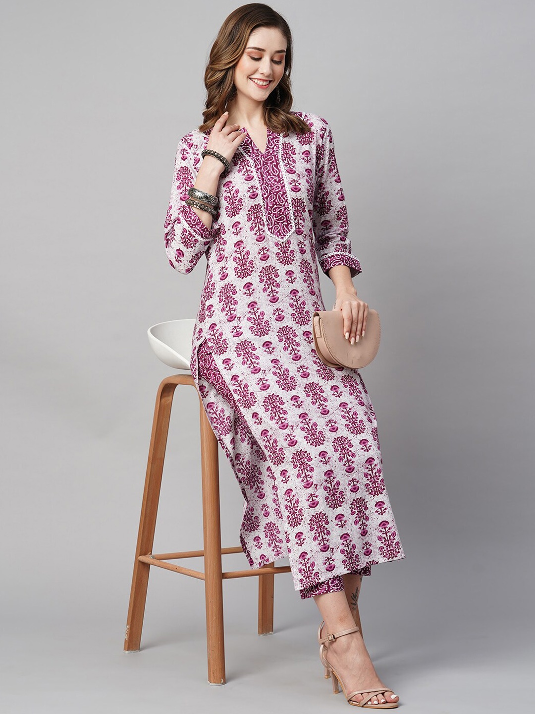 

KALINI Pink Paisley Printed Notched Neck Regular Kurta with Trousers