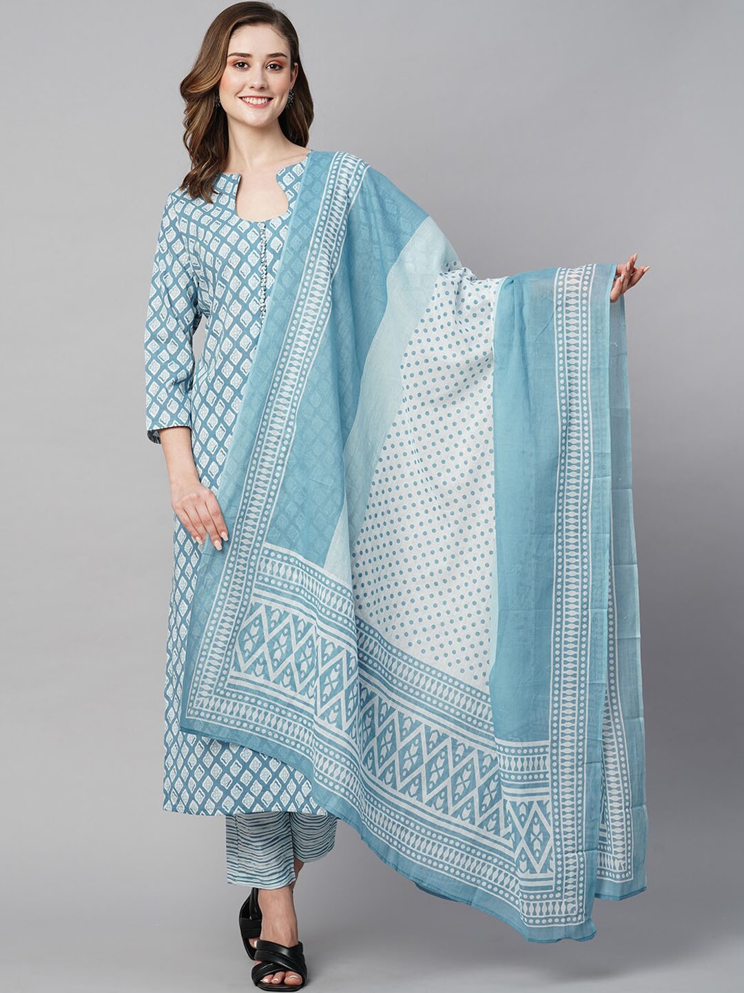 

KALINI Ethnic Motifs Printed Regular Kurta with Trousers & With Dupatta, Blue