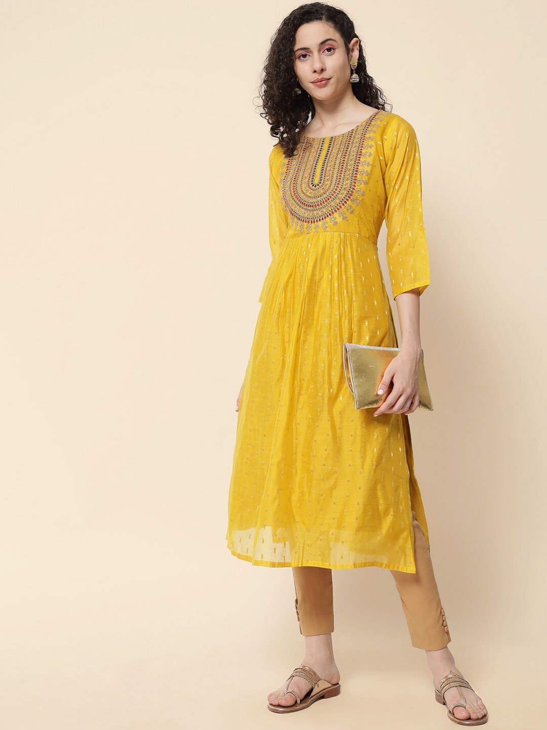 

KALINI Yoke Design Embriodered Chanderi A-line Kurta, Yellow