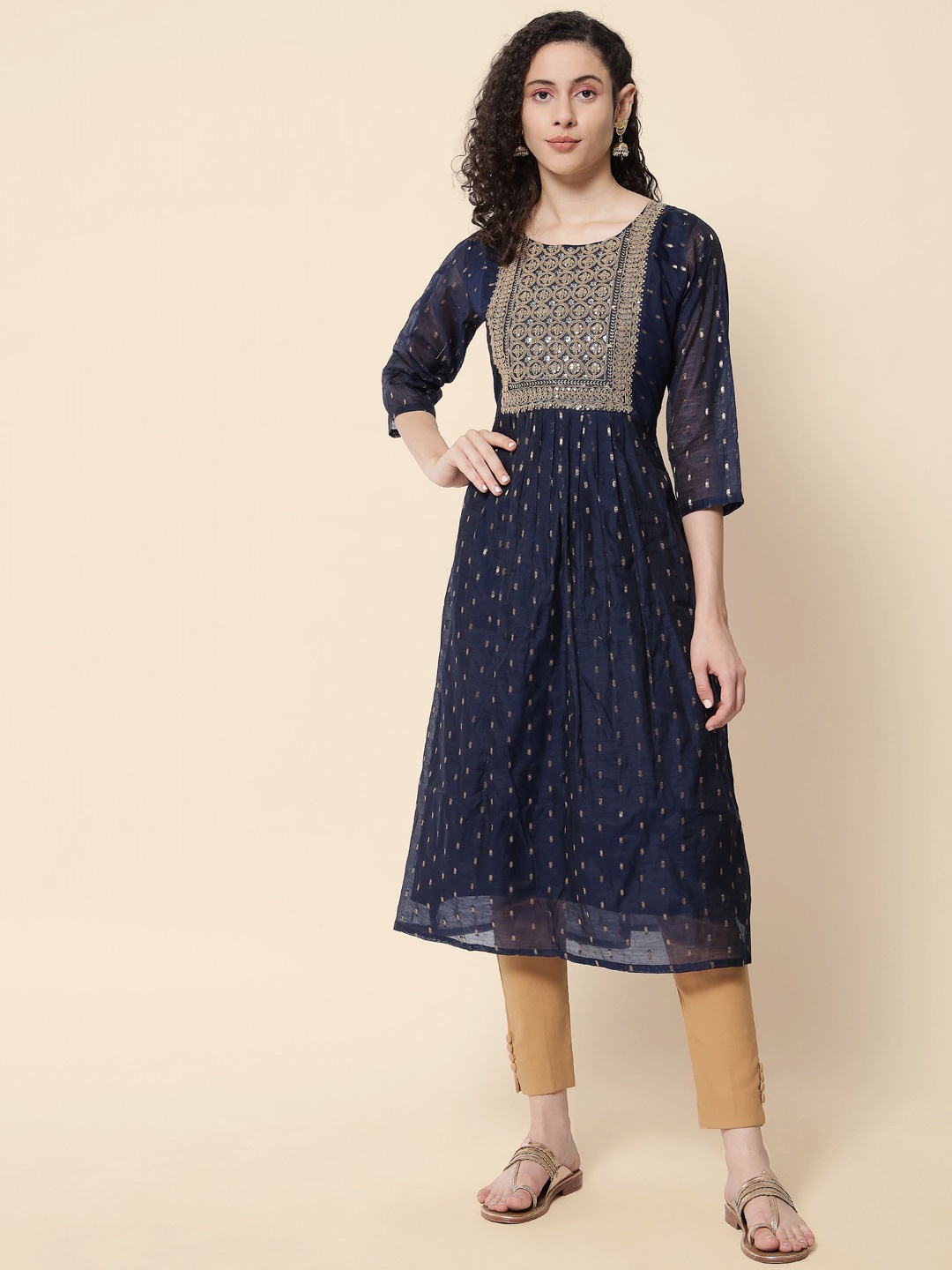

KALINI Woven Design Yoke Design Kurta, Navy blue