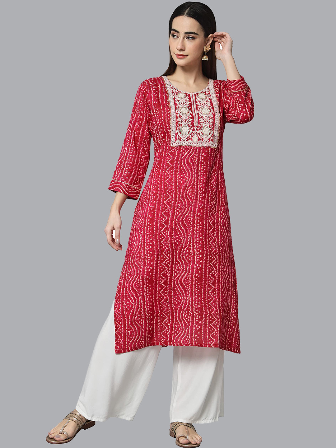 

KALINI Bandhani Printed Embroidered Gotta Patti Cotton Straight Kurta, Red
