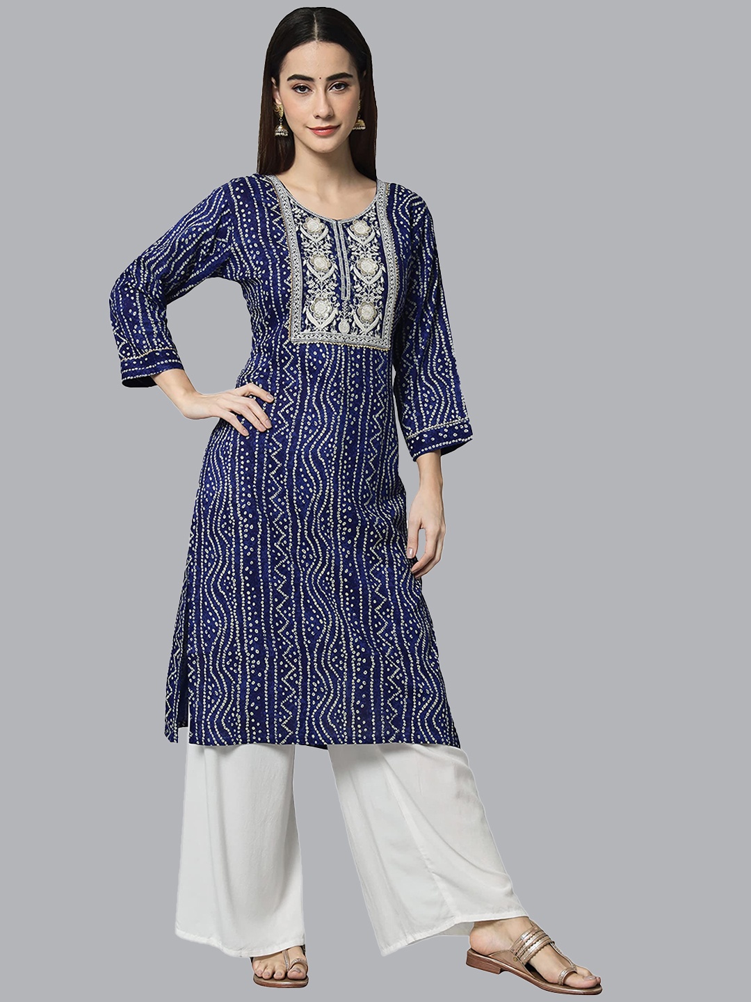 

KALINI Bandhani Printed Gotta Patti Cotton Straight Kurta, Navy blue