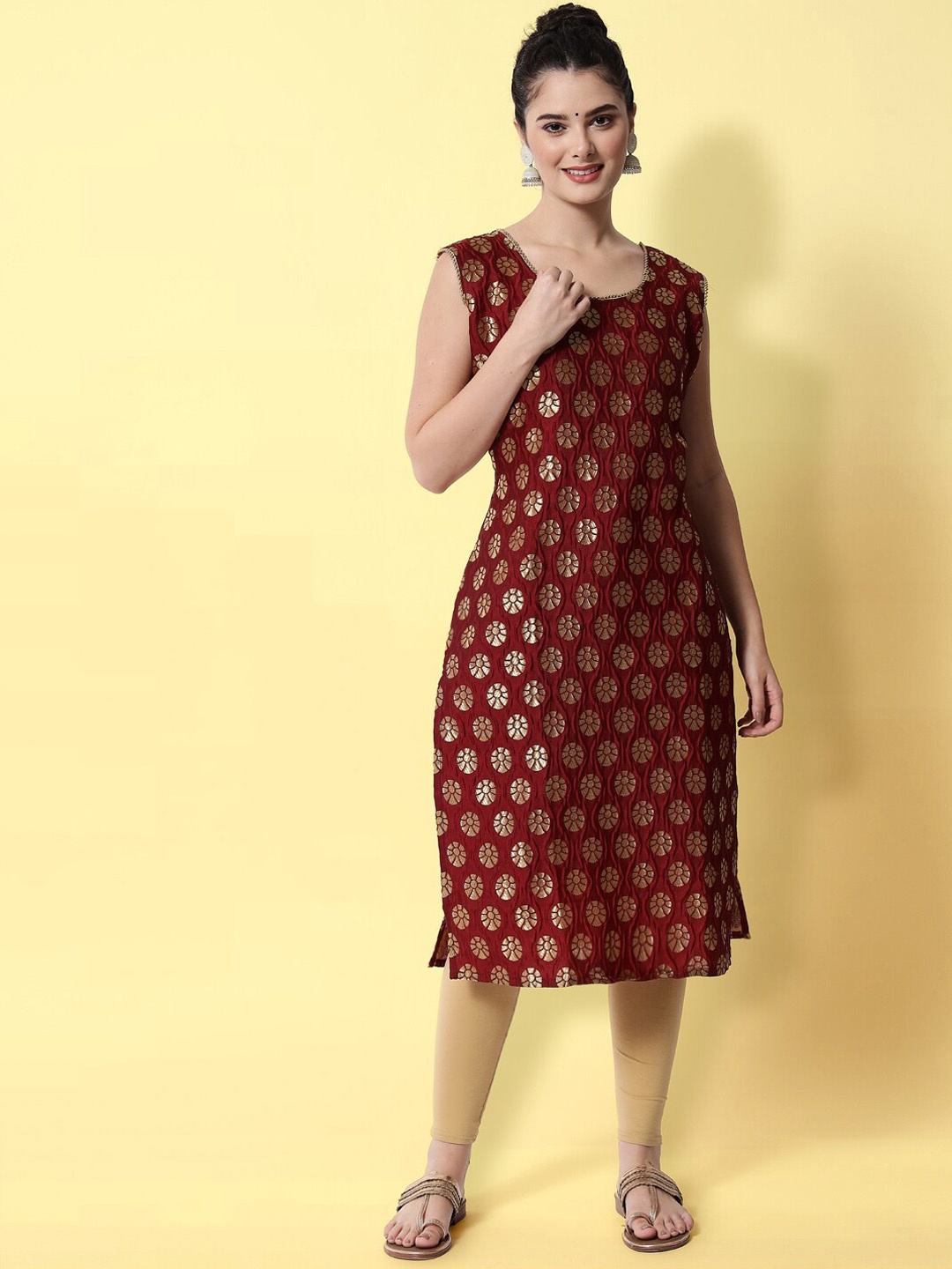 

KALINI Ethnic Motifs Woven Cotton Silk Sleeveless Straight Kurta, Maroon