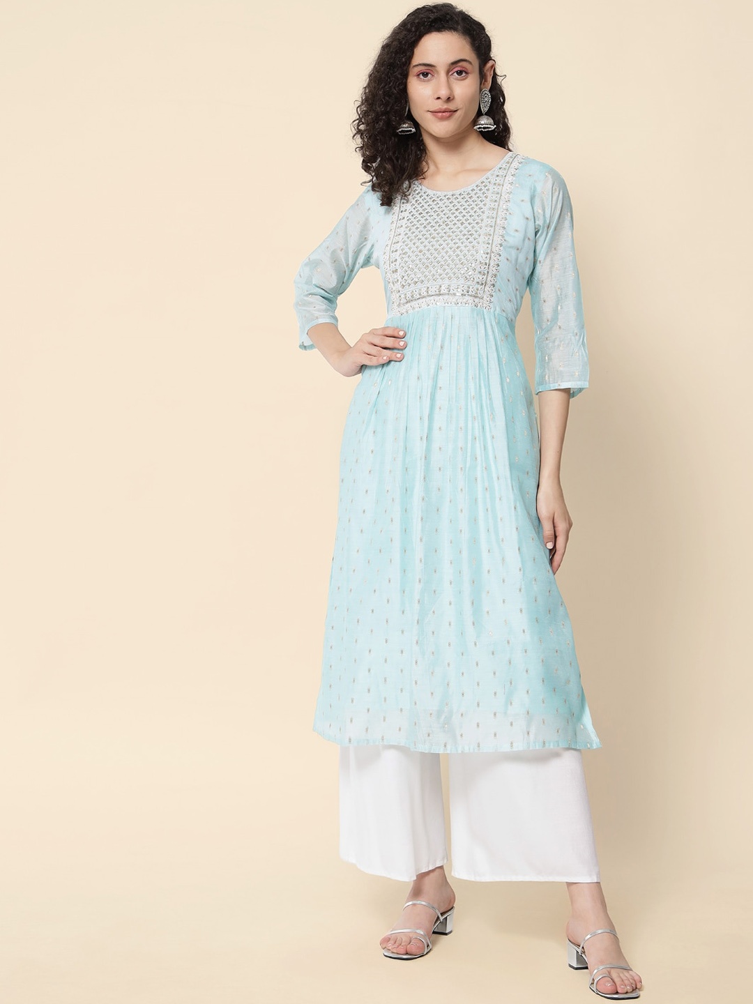 

KALINI Yoke Design Embroidered Pleated A-Line Kurta, Blue
