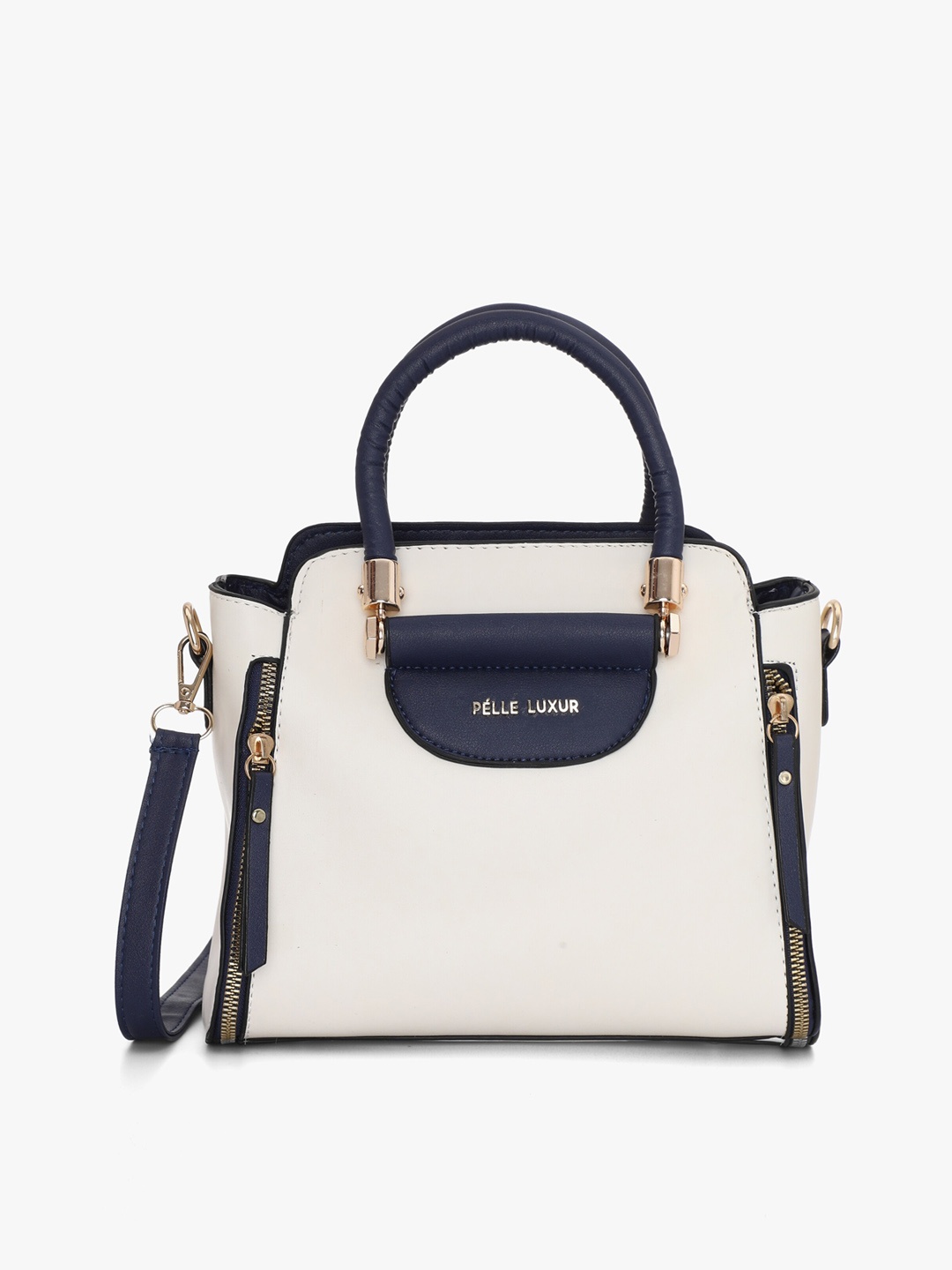 

PELLE LUXUR Colourblocked Structured Handheld Bag, Navy blue