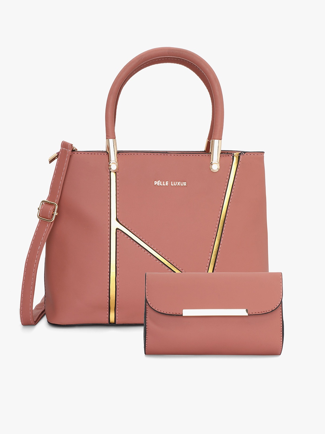 

PELLE LUXUR Structured Handheld Bag with Pouch, Peach