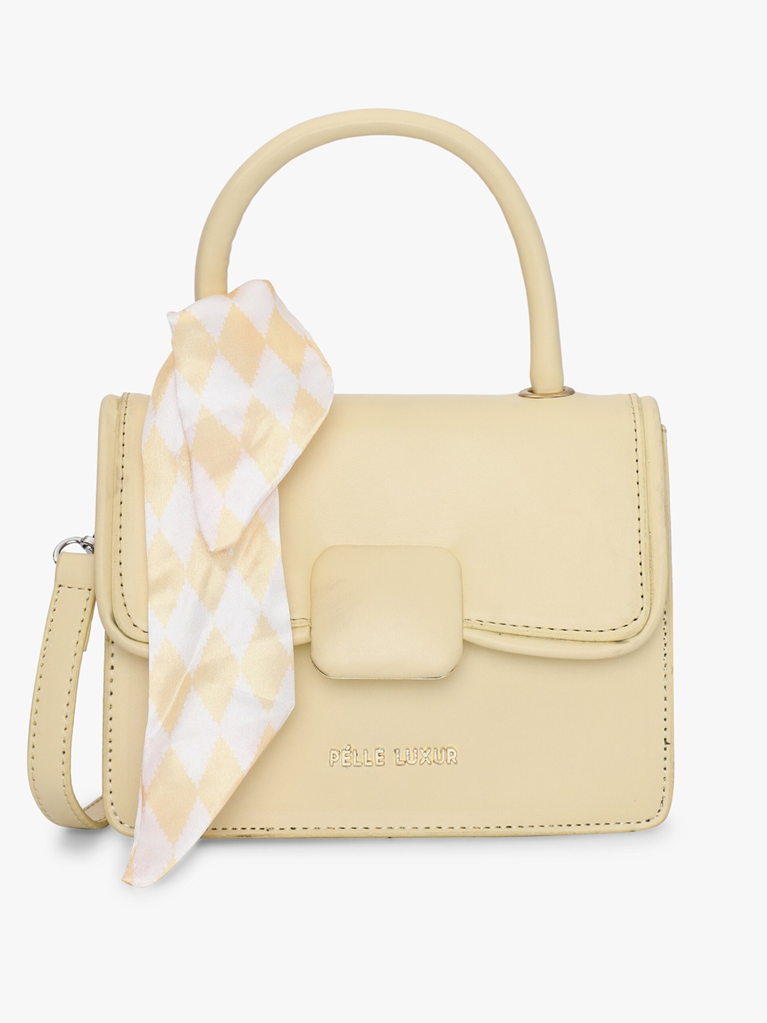 

PELLE LUXUR Textured Structured Satchel Bag With Scarf, Cream