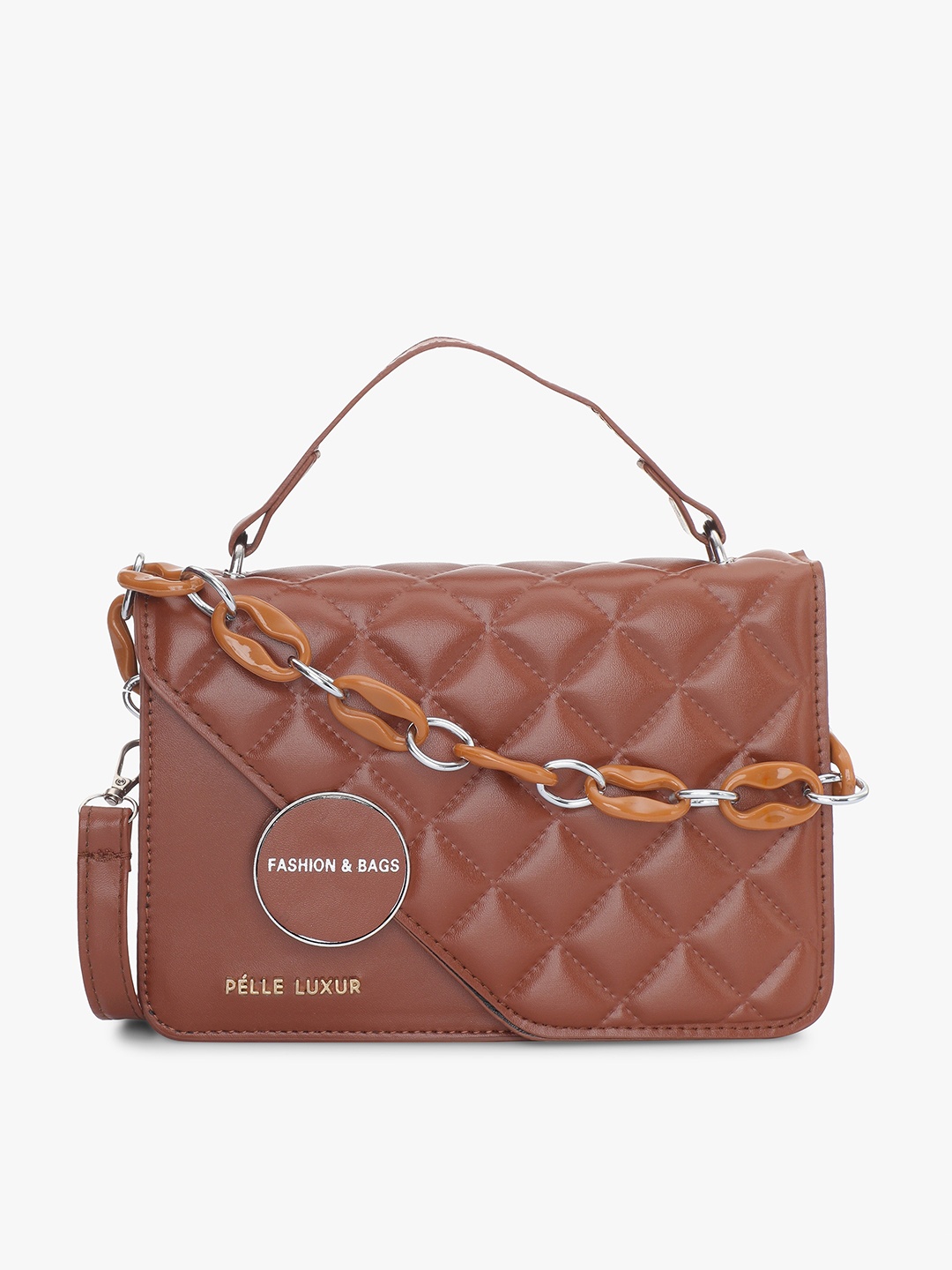 

PELLE LUXUR Textured Structured Satchel With Quilted, Brown