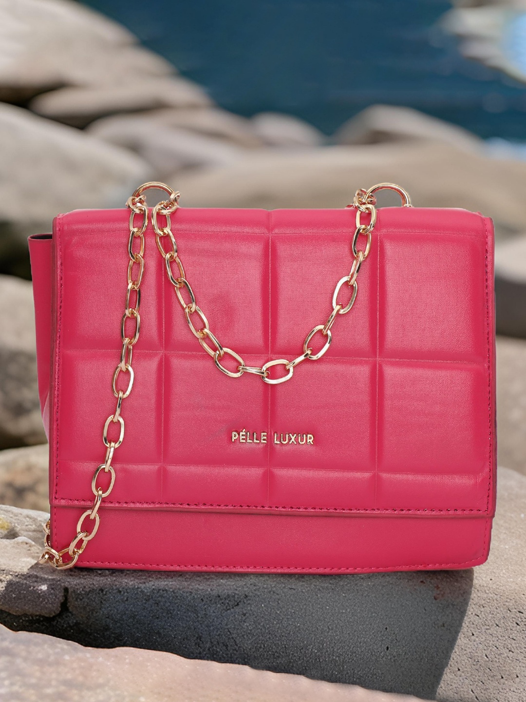

PELLE LUXUR Textured Structured Sling Bag With Quilted, Pink