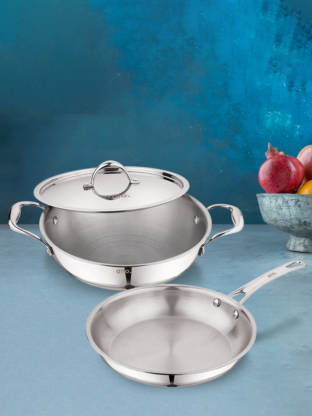 

Allo Silver Induction Friendly Triply Stainless Steel Kadhai With Lid & Frypan Set (4.2 L)