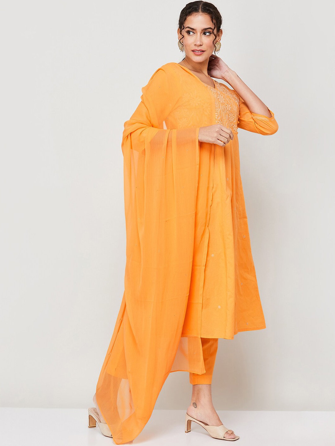 

Melange by Lifestyle Embroidered Angrakha Pure Cotton Kurta with Trousers & Dupatta, Orange