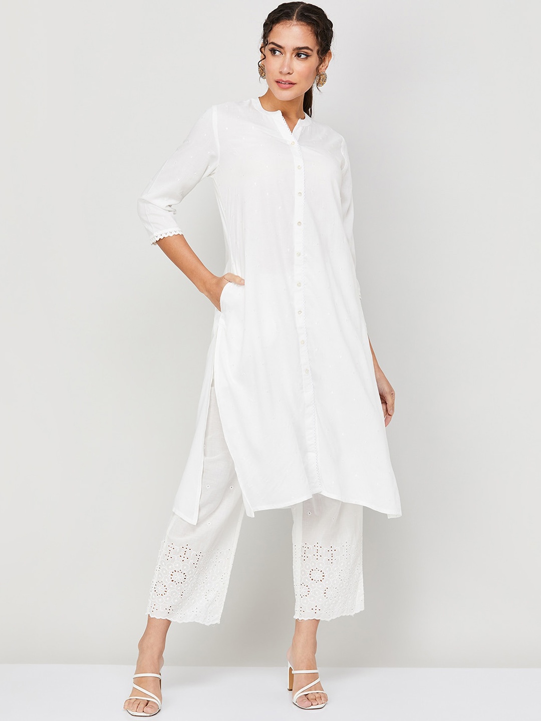 

Melange by Lifestyle Band Collar Three-Quarter Sleeves Kurta, White