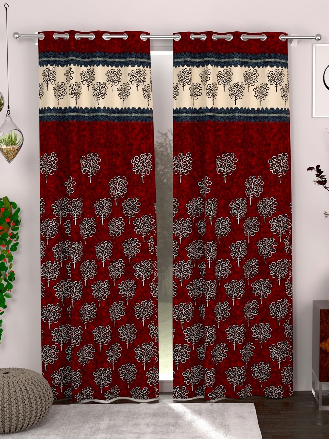 

CG HOMES Maroon & White 2 Pieces Ethnic Motifs Printed Sheer Door Curtains