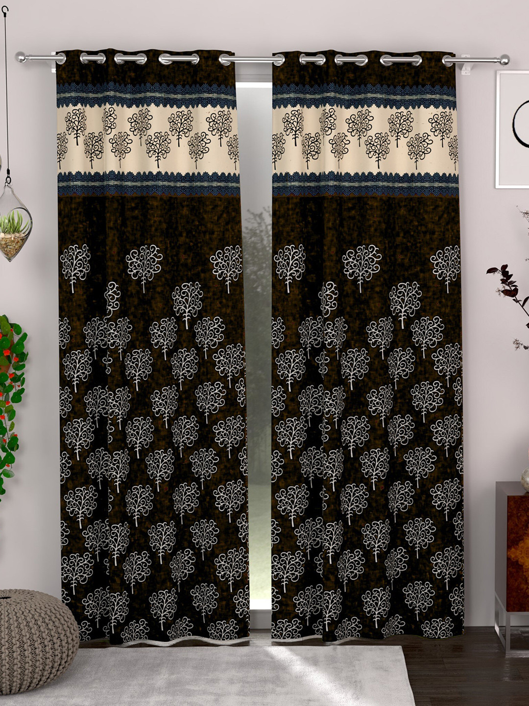 

CG HOMES Brown & Navy Blue 2 Pieces Ethnic Motifs Printed Sheer Door Curtains