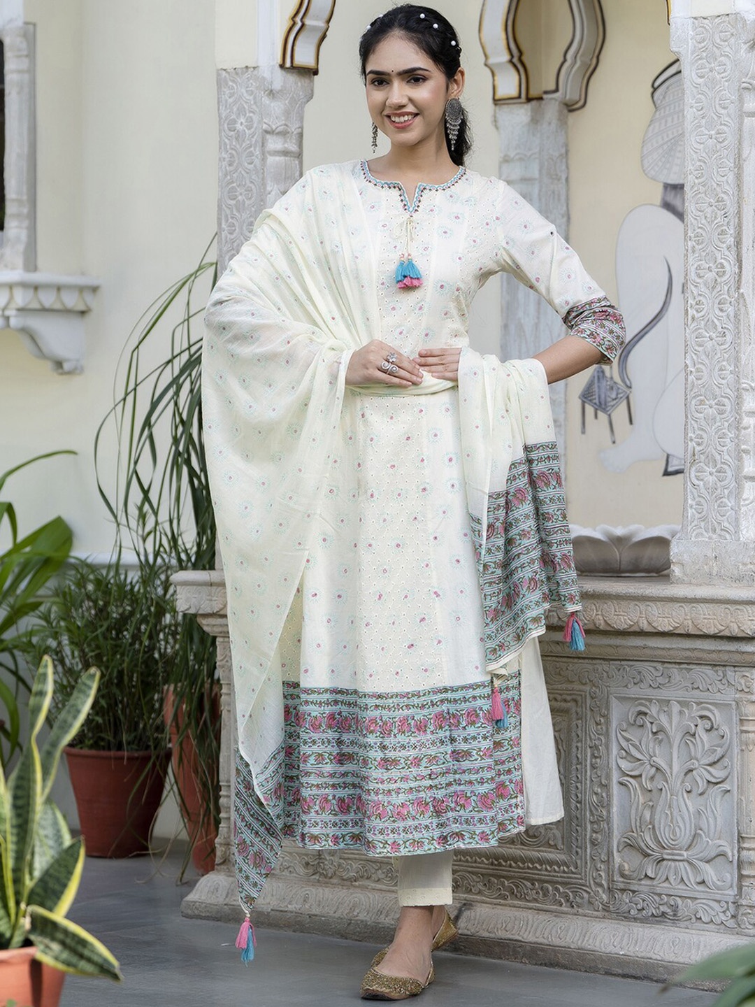 

PREKSHA Ethnic Motifs Embroidered Mirror Work Pure Cotton Kurta with Trousers & Dupatta, Cream