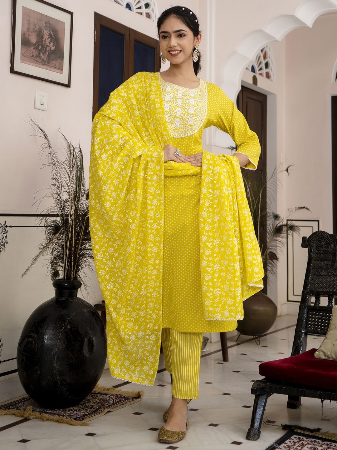 

PREKSHA Ethnic Motifs Embroidered & Sequinned Pure Cotton Kurta With Trousers & Dupatta, Yellow