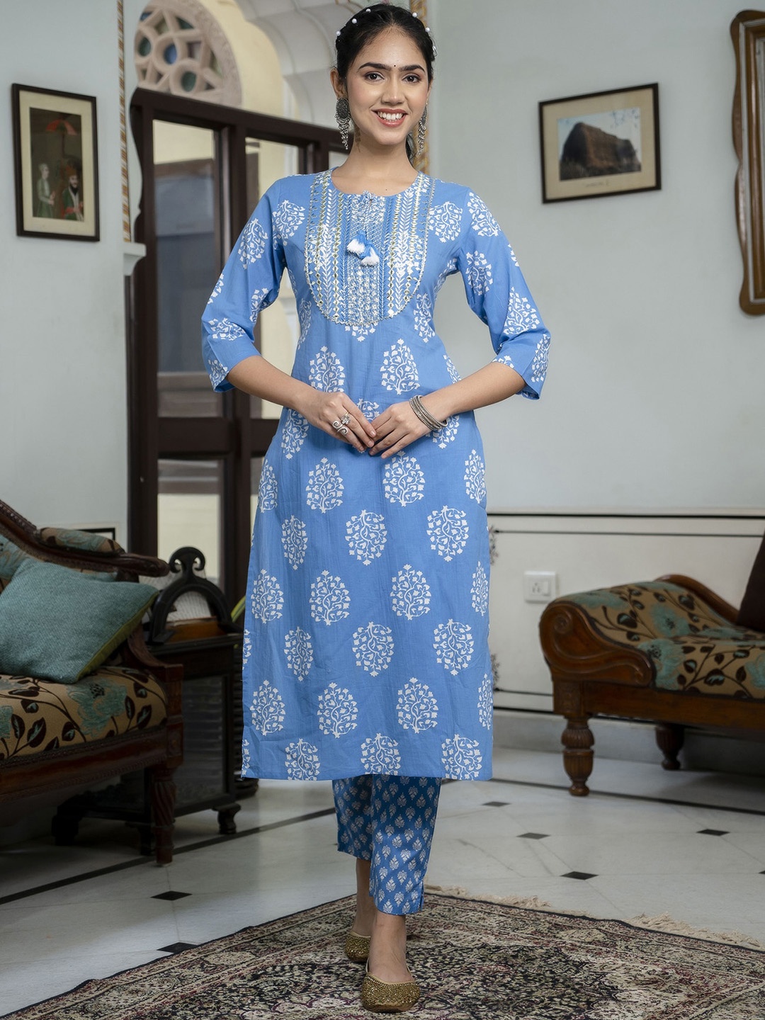 

PREKSHA Ethnic Motifs Embroidered Mirror Work Pure Cotton Kurta with Trousers & Dupatta, Blue