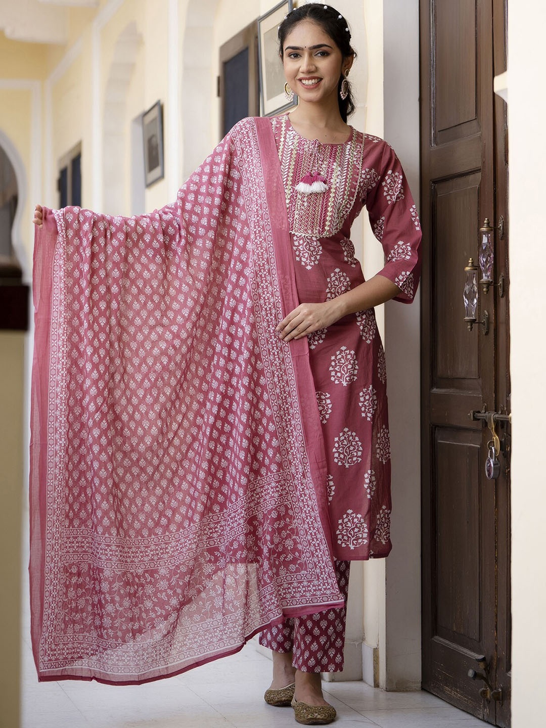 

PREKSHA Ethnic Motifs Printed & Embroidered Pure Cotton Kurta With Trousers & Dupatta, Burgundy