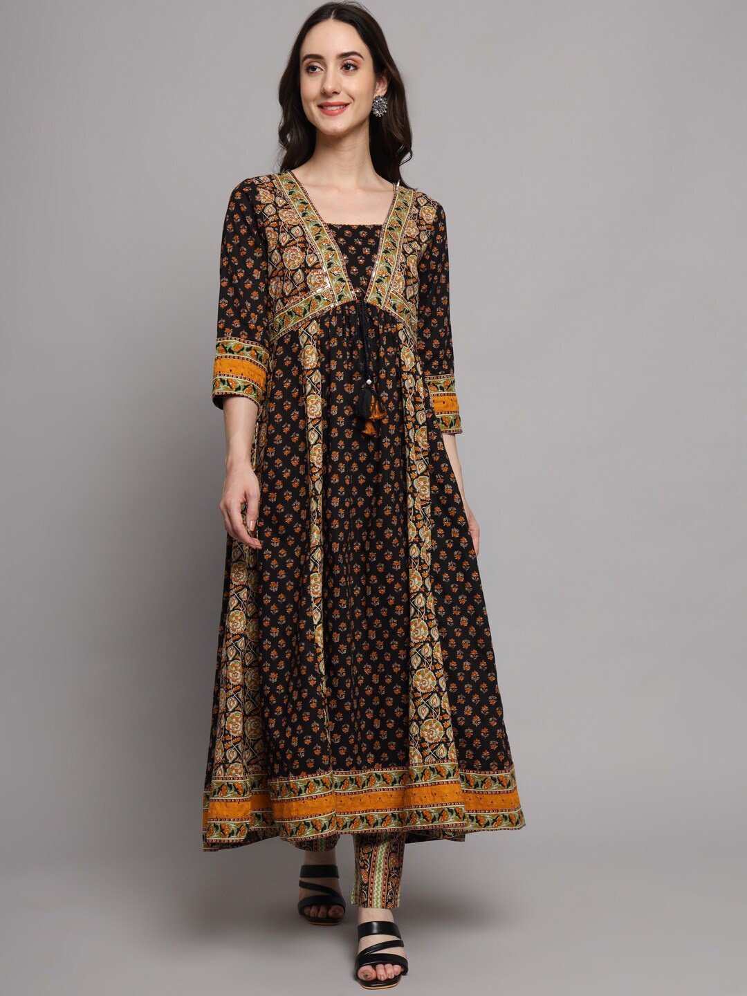 

PREKSHA Ethnic Motifs Printed Sequinned Pure Cotton Kurta with Trousers & Dupatta, Black
