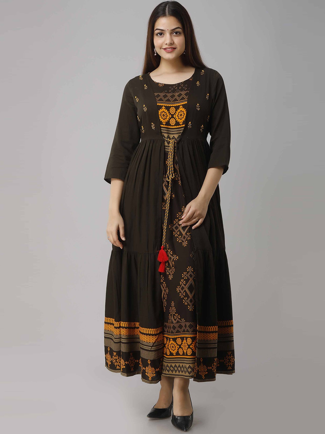 

KALINI Women Printed Layered A Line Maxi Ethnic Dress, Brown