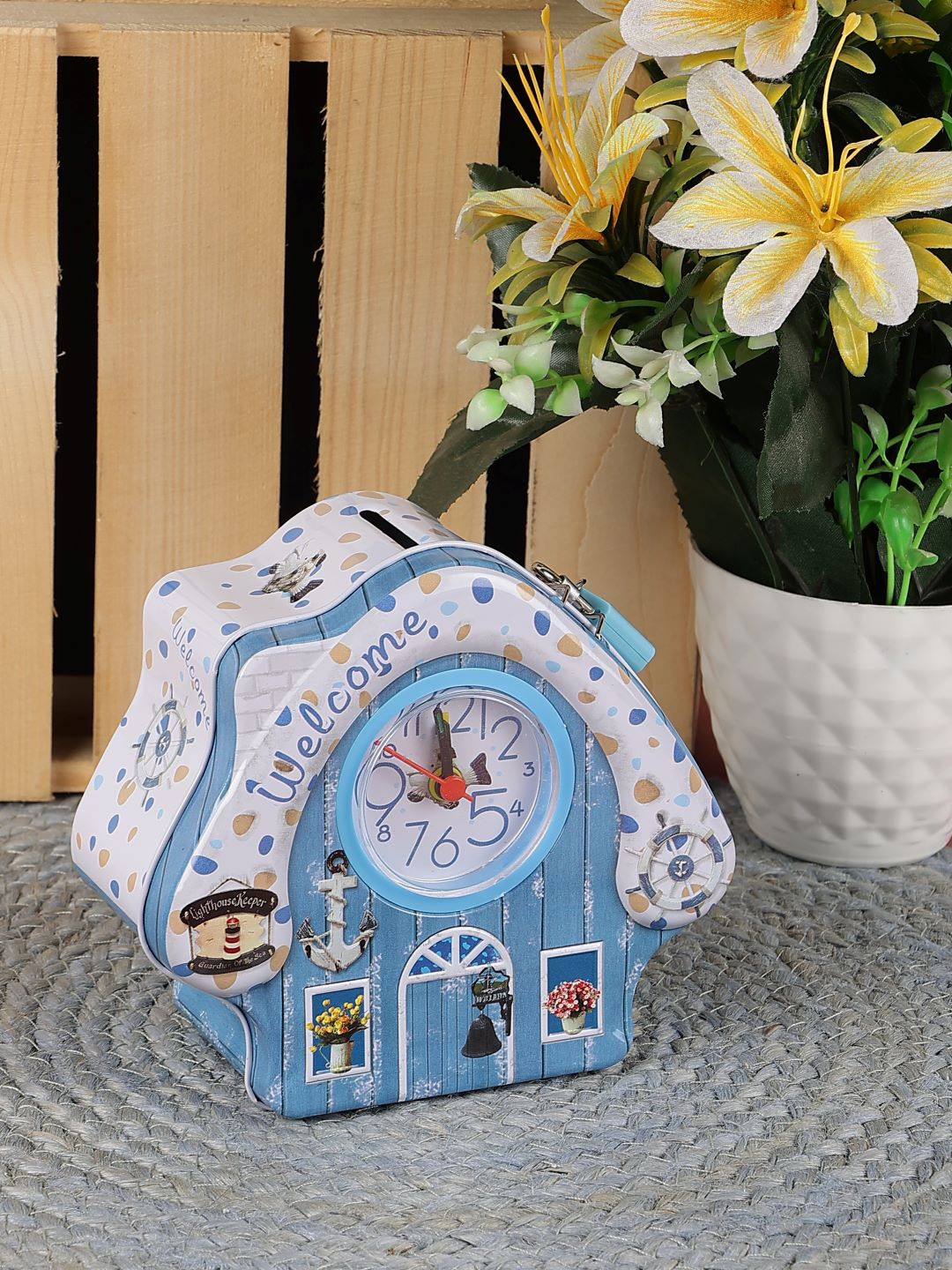 

PASSION PETALS Blue House Piggy Bank With Clock