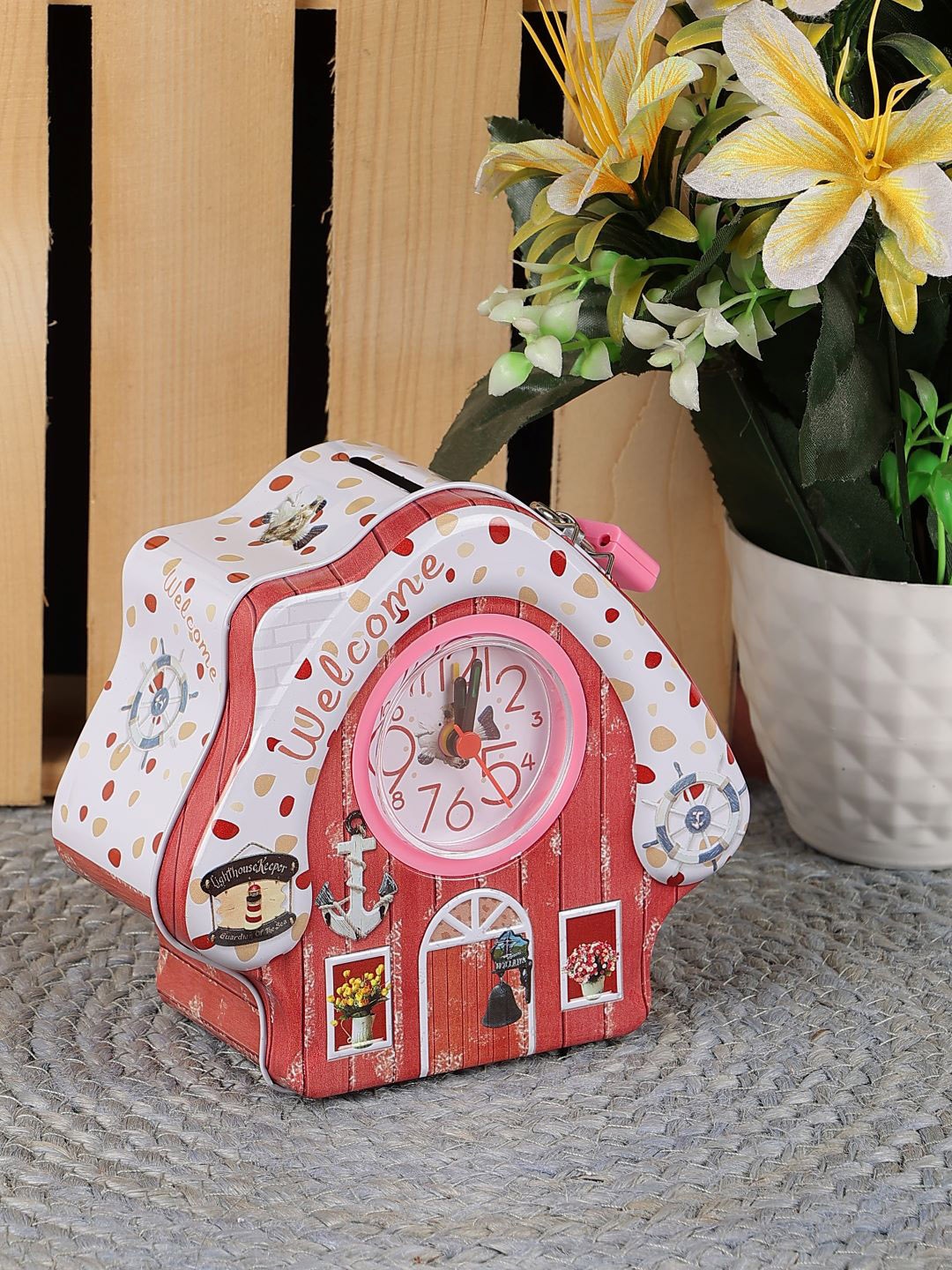 

PASSION PETALS Unisex Kids House-Shaped Metal Piggy Bank With Clock, Red