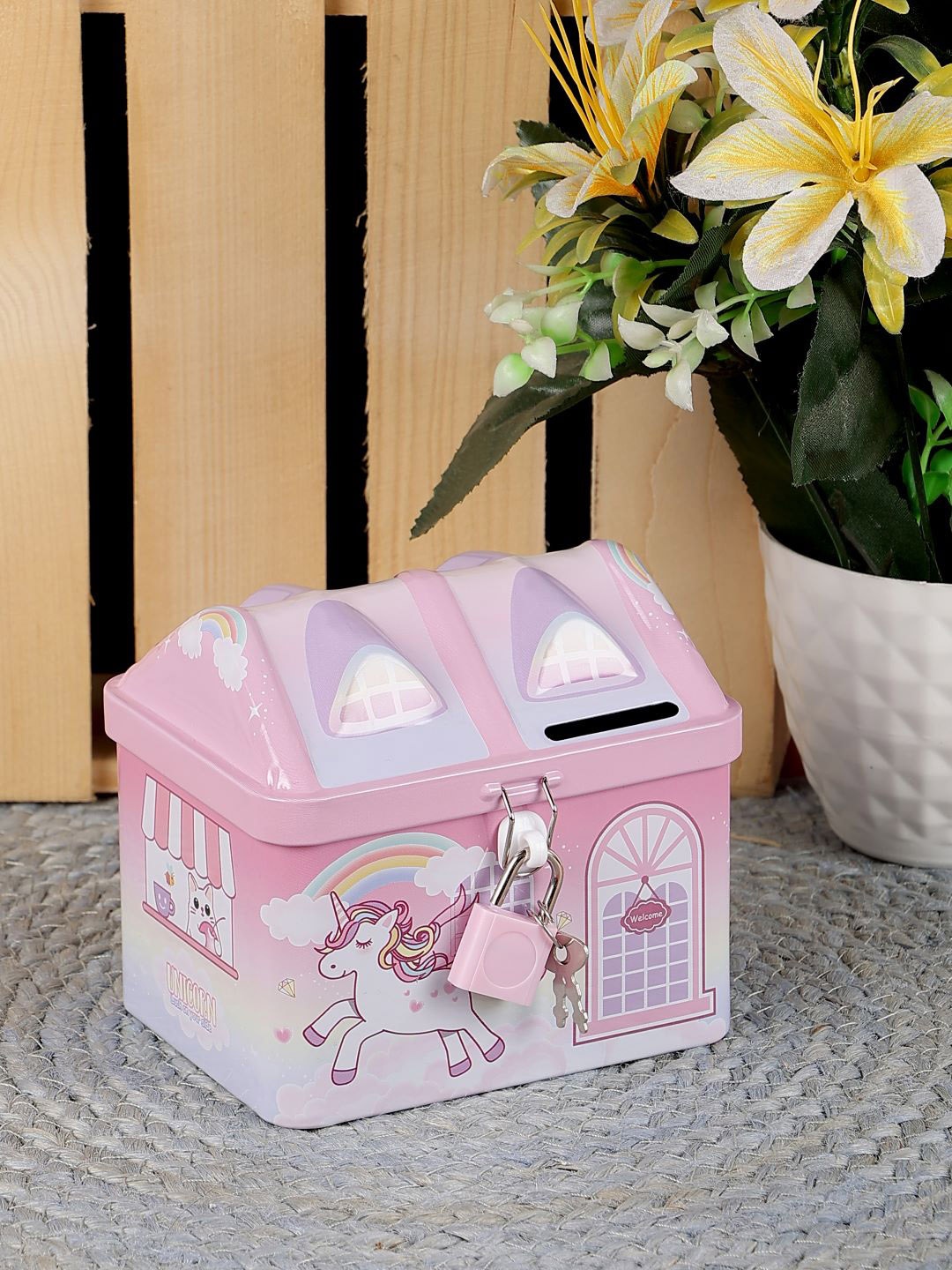 

PASSION PETALS Kids Pink & Blue House Piggy Bank With Lock & Key