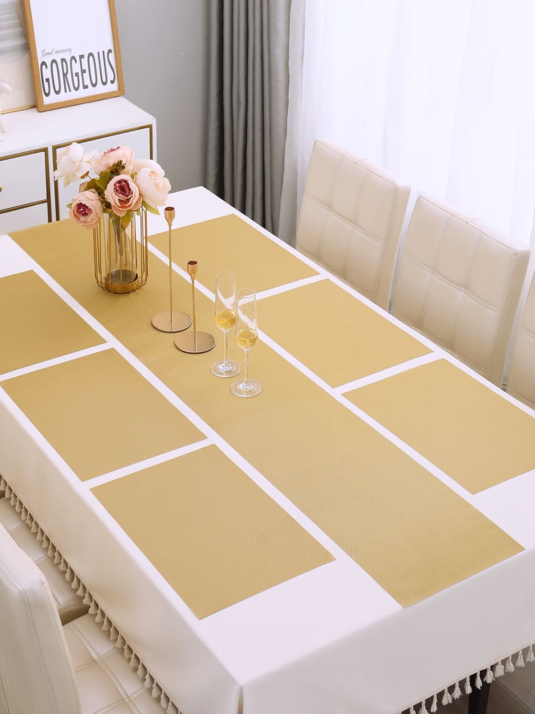 

HOKIPO Gold-Toned 7-Pieces Solid Rectangular Table Placemats & Table Runner