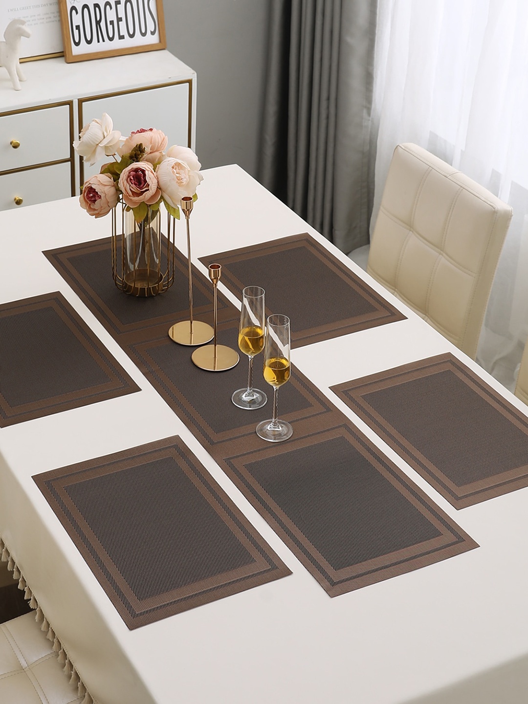 

HOKIPO 5 Pieces PVC Washable Placemats with Runner, Brown