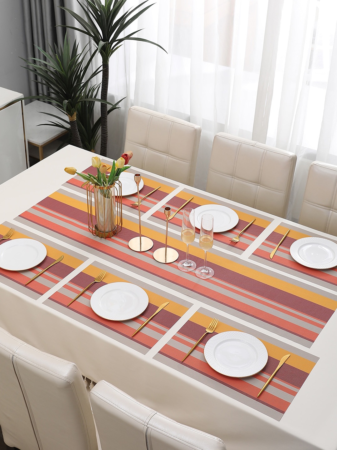 

HOKIPO Set Of 6 Multi-Stripes Table Placemats With Runner, Pink