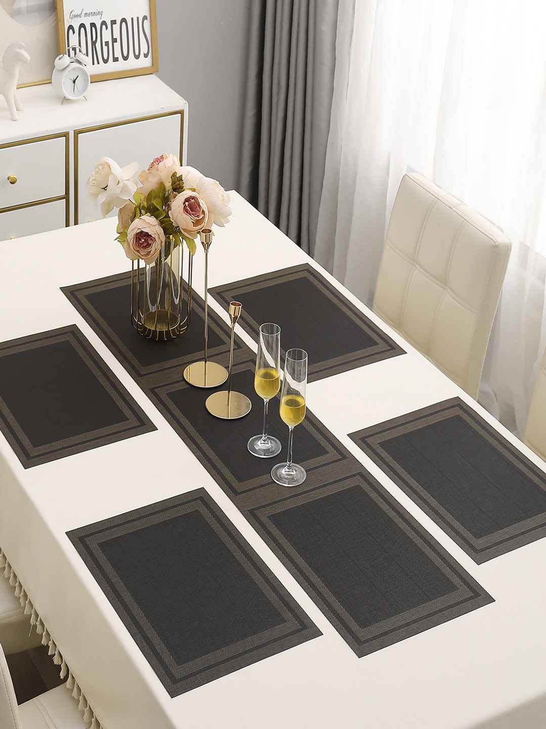 

HOKIPO Black 5-Pieces Solid Rectangular Table Placemats & Table Runner