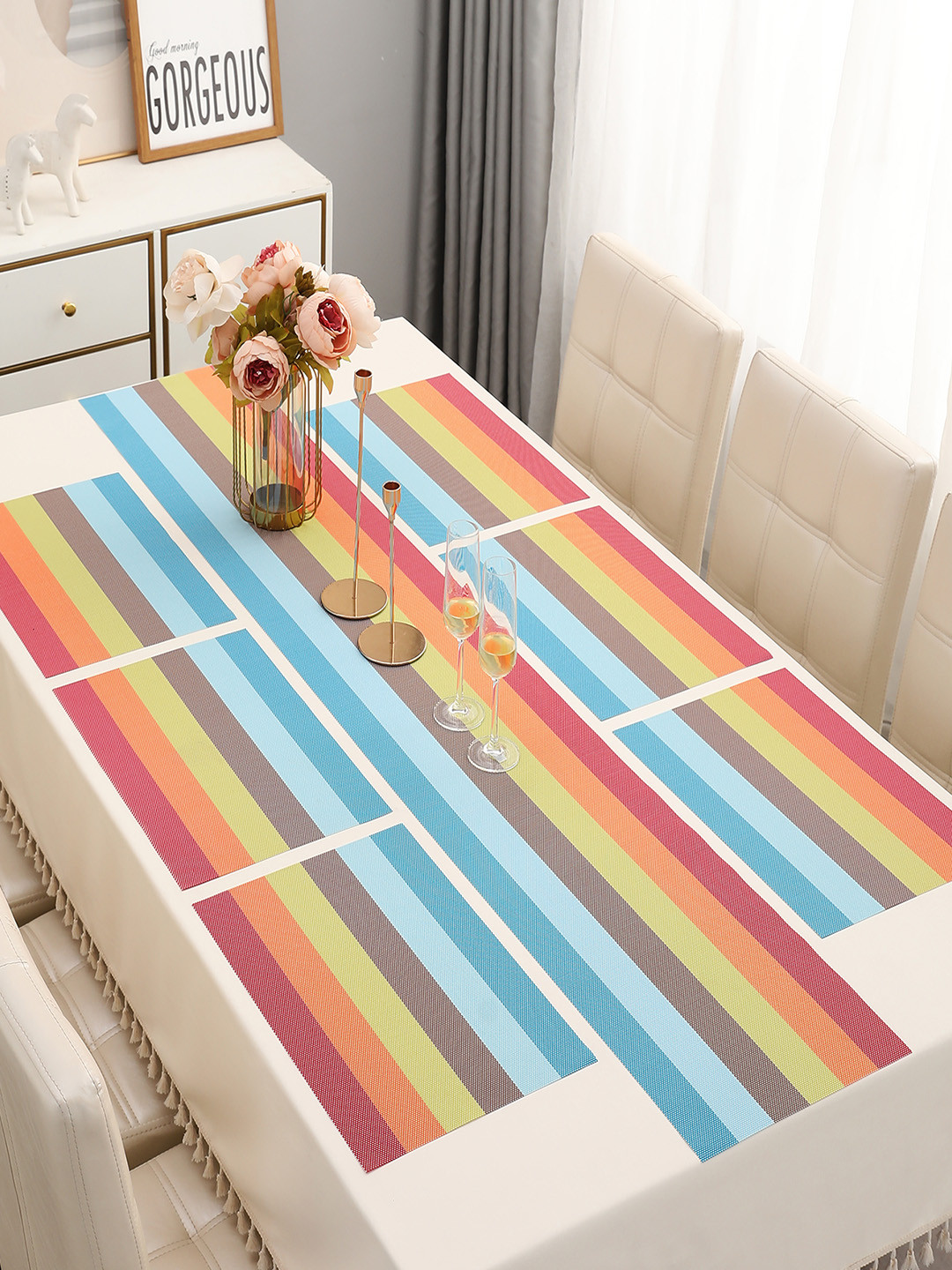 

HOKIPO Blue 7-Pieces Striped Rectangular Table Placemats & Table Runner