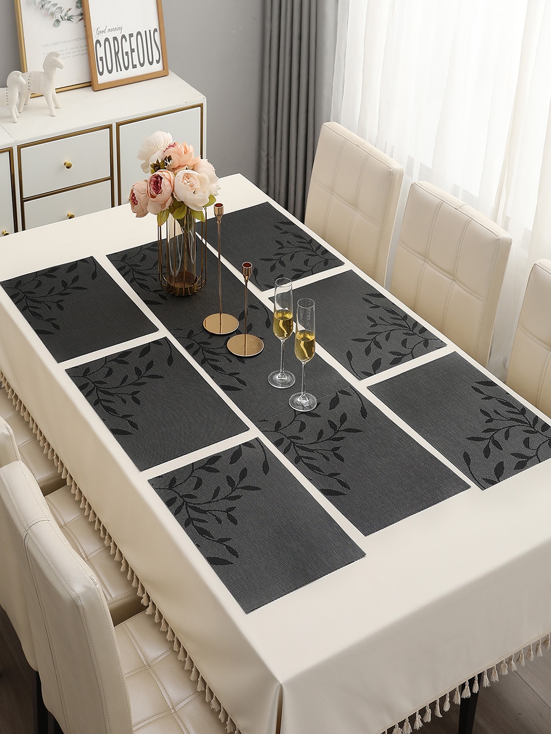 

HOKIPO Black 7 Pieces Floral Printed Tablemats with Table Runner